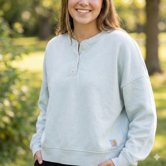 Carhartt Women's TENCEL Loose Fit French Terry Henley Sweatshirt - Light Blue L - Picture 1 of 7